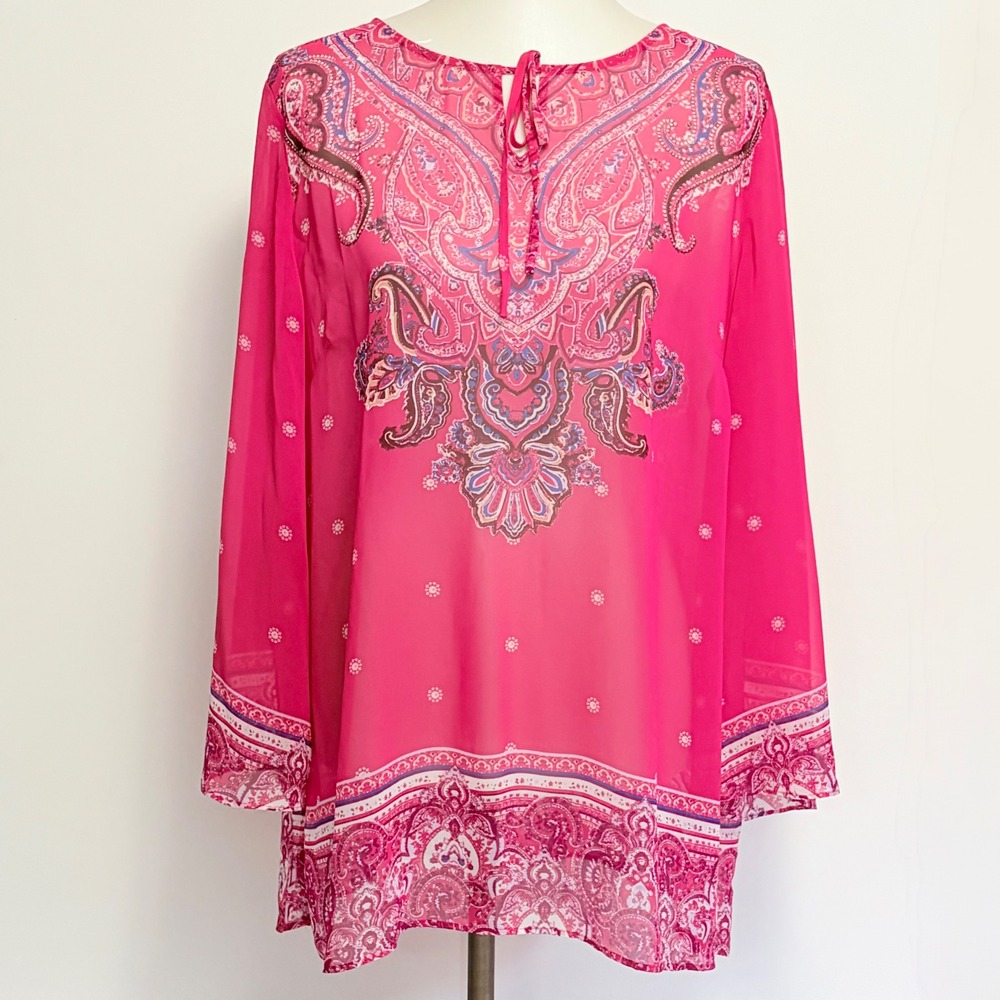 Susan Graver Tunic L Pink Paisley Chiffon Tie Neck Long Sleeve Blouse - Picture 2 of 8